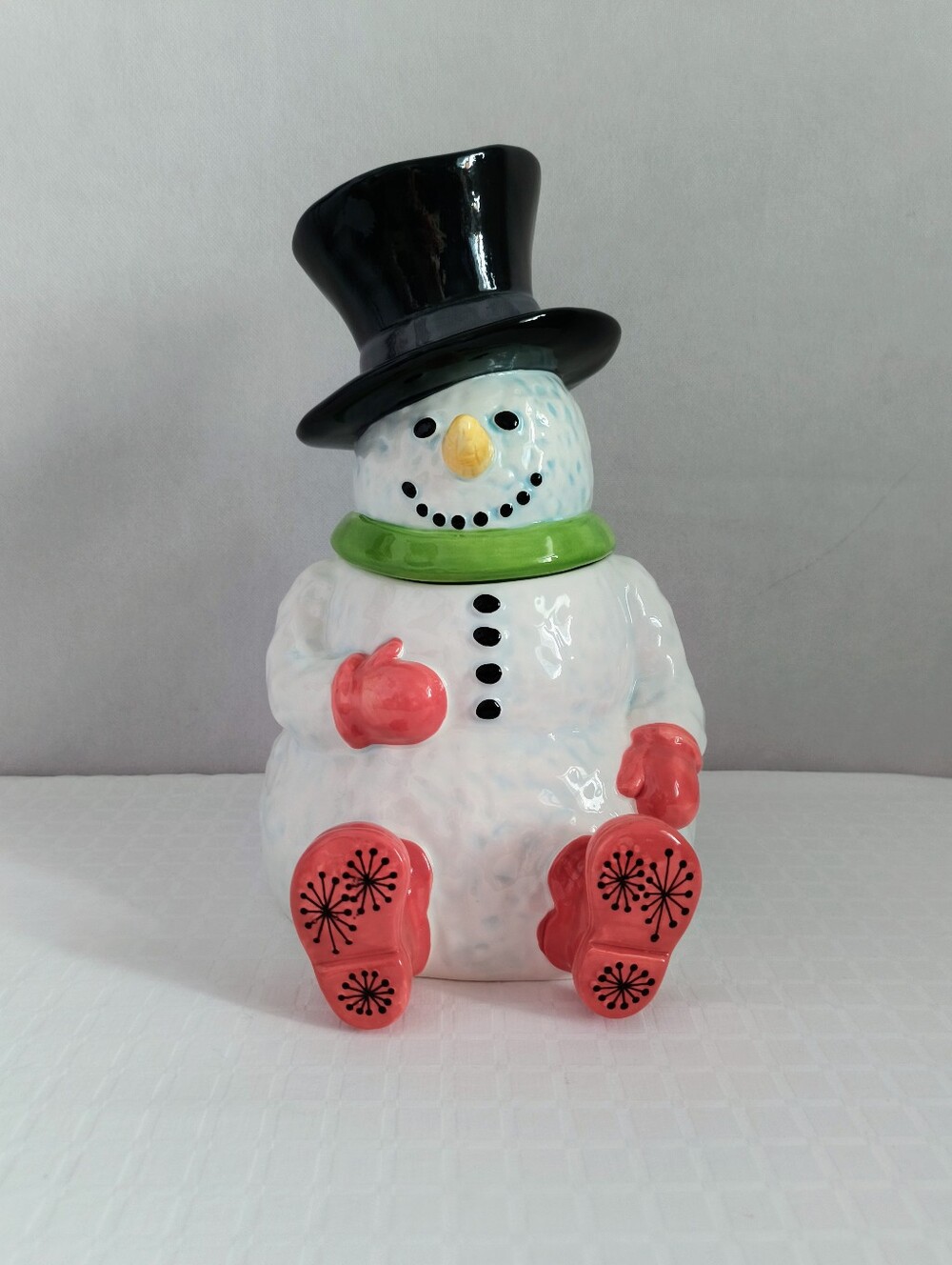 Festive Ceramic Snowman Cookie Jar With Black Top Hat and Green Scarf